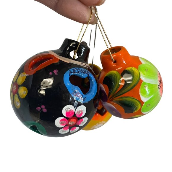 Handcrafted Cabo San Lucas Ceramic Ornament Trio With Bright Floral Designs  3" - Picture 5 of 13